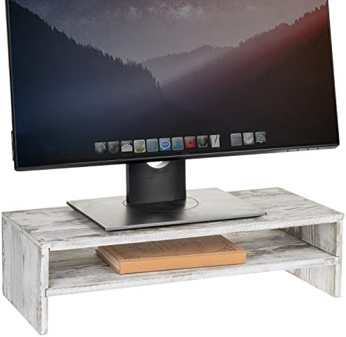 עלוב מסויד מוצק עץ מחשב צג ומחשב נייד משכים לעמוד לשולחן, 2 קומות משרד שולחן העבודה אחסון מדף