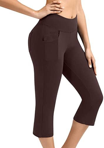 מכנסי יוגה של Bootcut לנשים עם כיסים מותניים גבוהים חותלות קפרי לנשים אימון יוגה קפריס מכנסי מתיחה