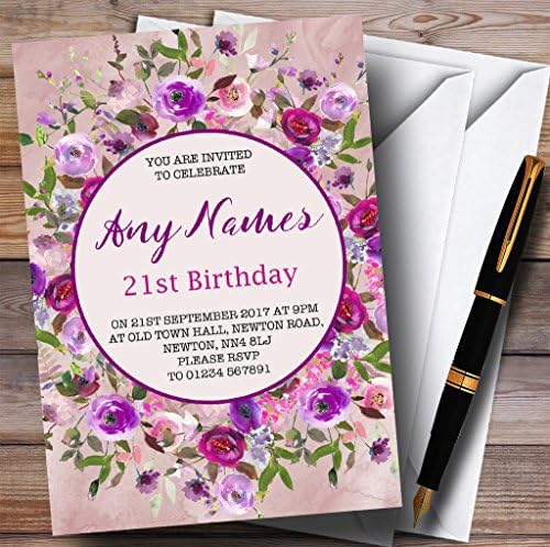 גן החיות בכרטיס ורוד וסגול צבעי מים פרחוני 21 הזמנות למסיבת יום הולדת בהתאמה אישית