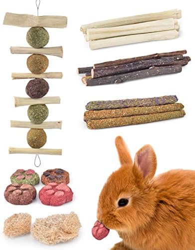 צעצועי לעיסה של Bissap Bunny 25 יחידות, במבוק טבעי מקל תפוח טימותי חציר לופה פרח תליה פינוקים לעיסה עבור ארנב צ'ינצ'ילה
